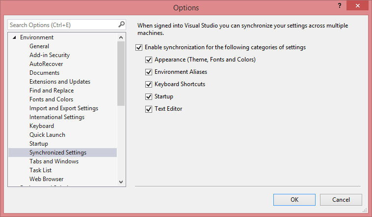 Synchronized settings in Visual Studio 2013