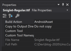 Build Action of the font file should be set to AndroidAsset in properties