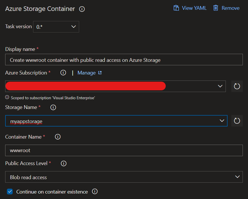 Azure Storage Container task settings