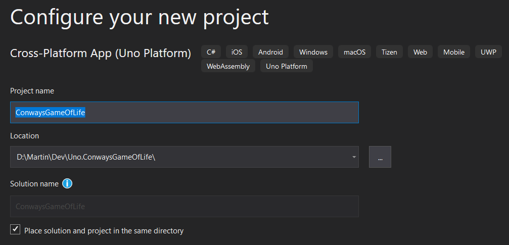 Creating new Uno Platform project