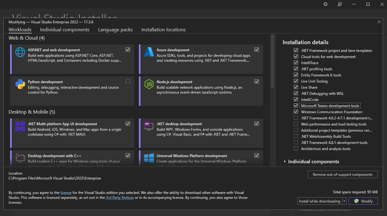 Adding Microsoft Teams deveelopment tools in the Visual Studio Installer